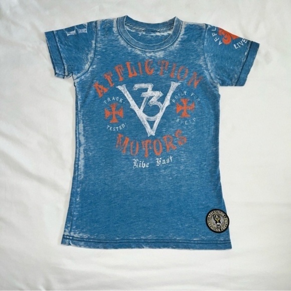 Affliction Vintage Wash Blue Graphic Kids Tee with Orange Accents